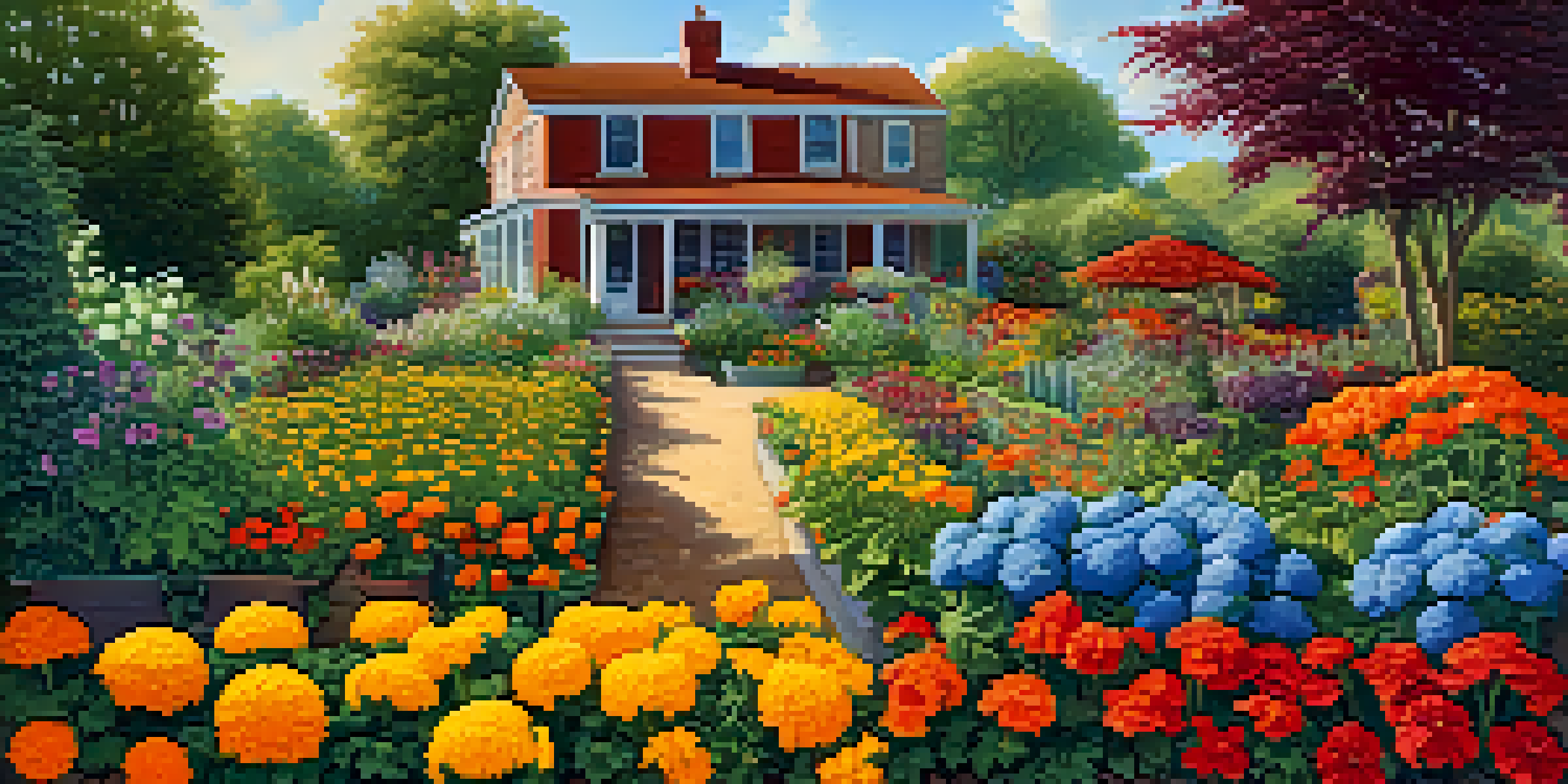 A colorful garden with marigolds and tomatoes in the foreground, nasturtiums and sunflowers in the background, under a clear blue sky.