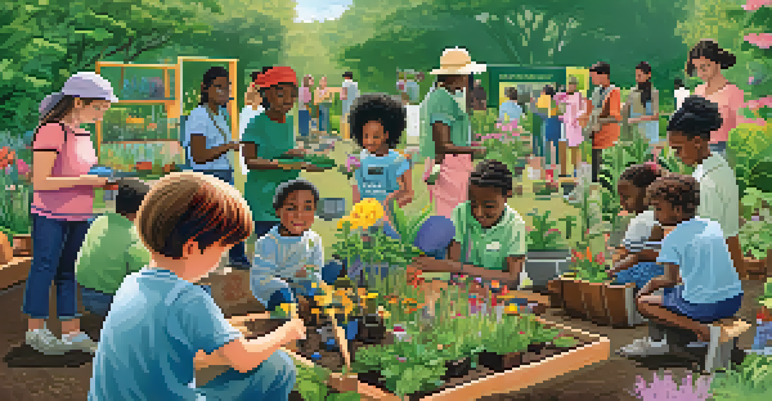 A diverse group of people participating in a planting workshop in a botanical garden, surrounded by colorful plants.