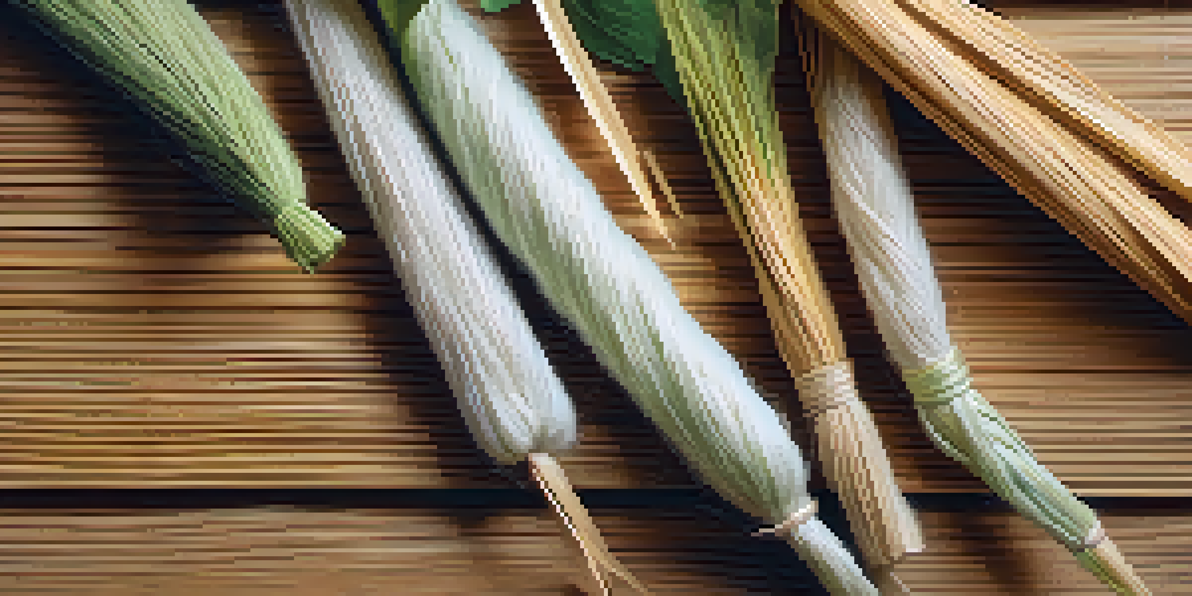 A close-up view of different types of natural plant fibers including cotton, linen, hemp, and bamboo on a wooden surface, illuminated by natural light.