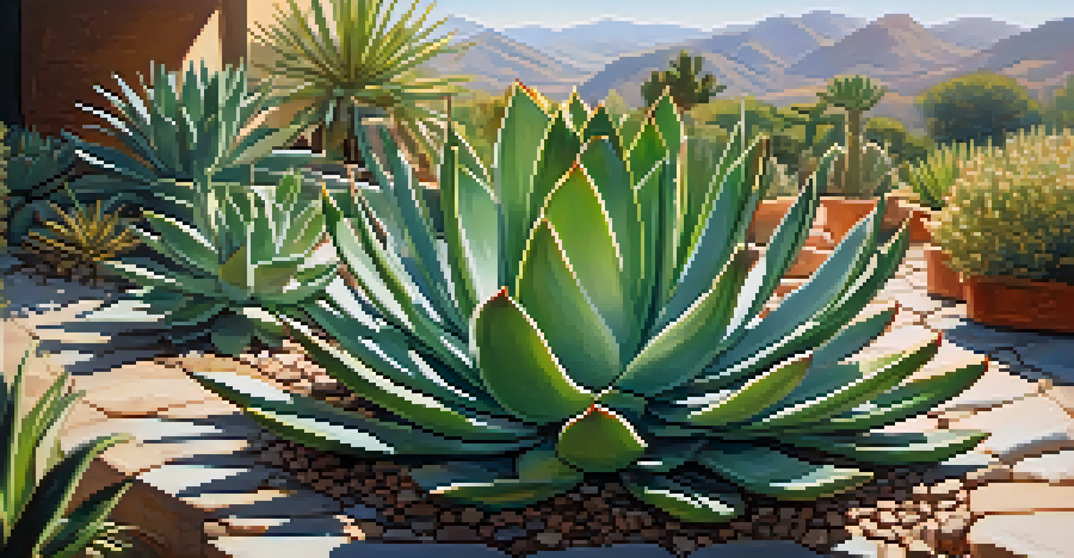 A well-arranged succulent garden with a large agave and smaller succulents, bordered by smooth stones and illuminated by sunlight.