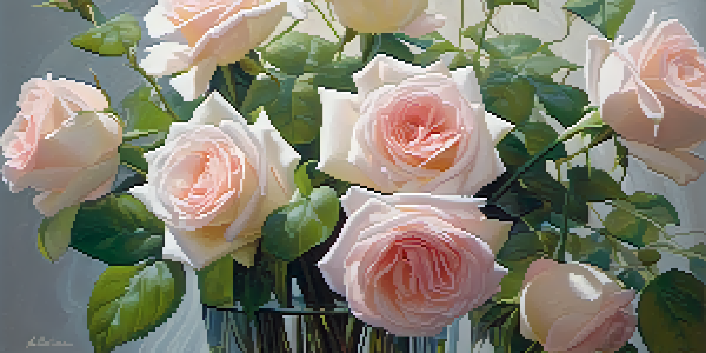 A floral arrangement with soft pink roses and green leaves in a clear glass vase, illuminated by soft sunlight.