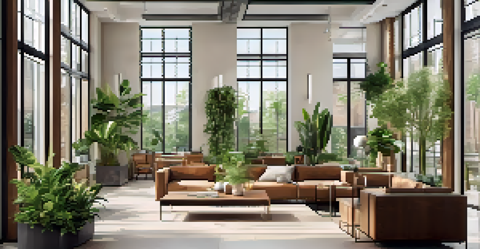 A bright, modern office with large windows, indoor plants, wooden furniture, and a small water fountain, showcasing a biophilic design.