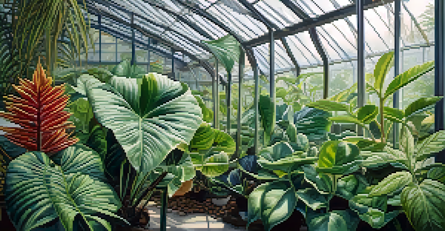 Close-up of rare and endangered plants in a greenhouse, highlighting their intricate details and textures.