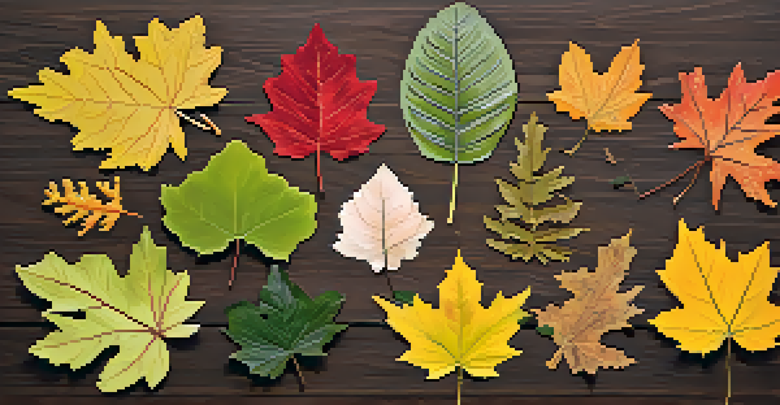 An artistic arrangement of different tree leaves on a wooden surface, labeled with their species names, in vibrant colors.