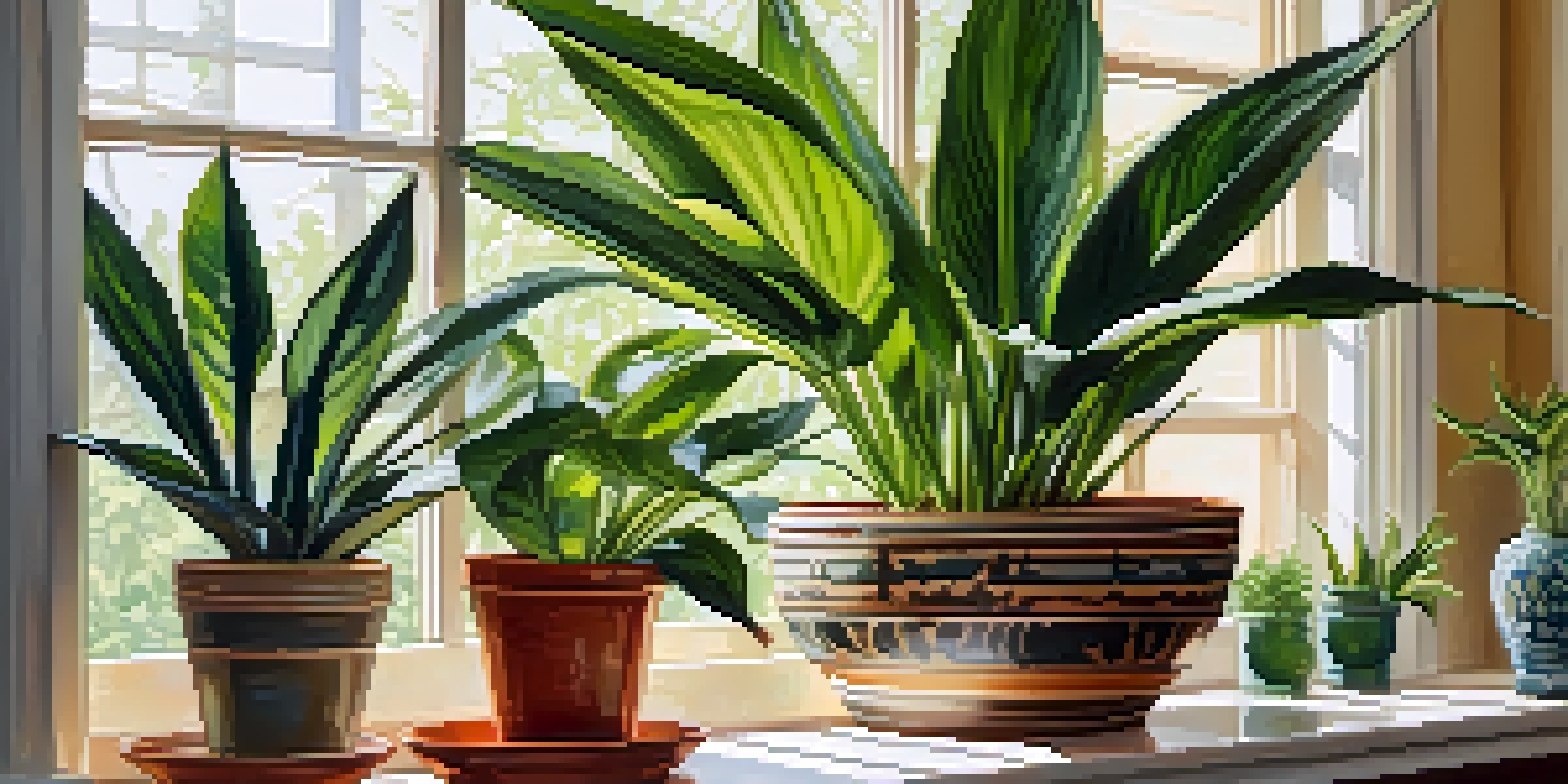 A bright indoor setting with various green plants on a windowsill, illuminated by soft morning light.