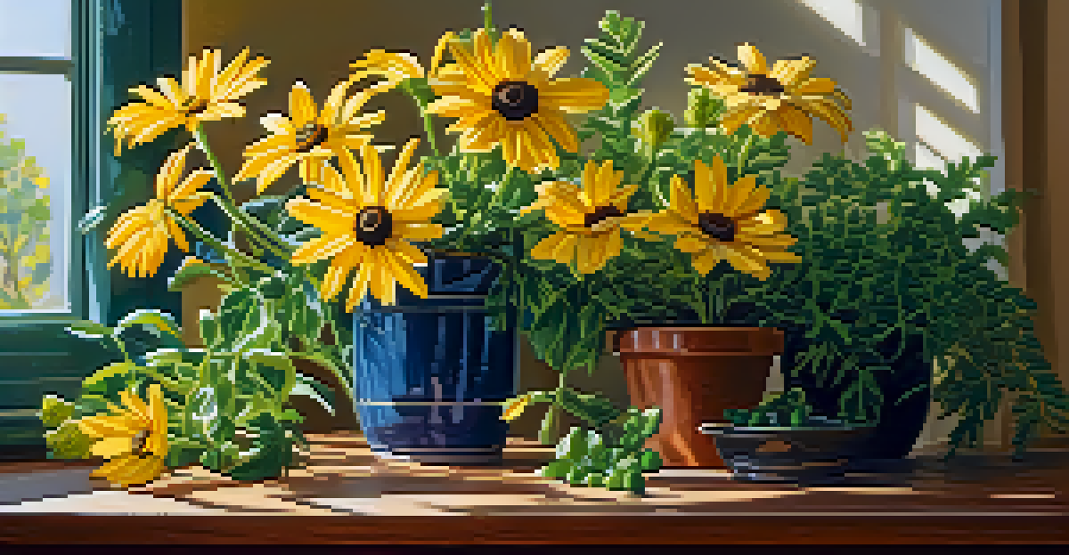 A bright and cheerful display of colorful indoor plants, including yellow daisies, arranged on a wooden table in a sunlit room.