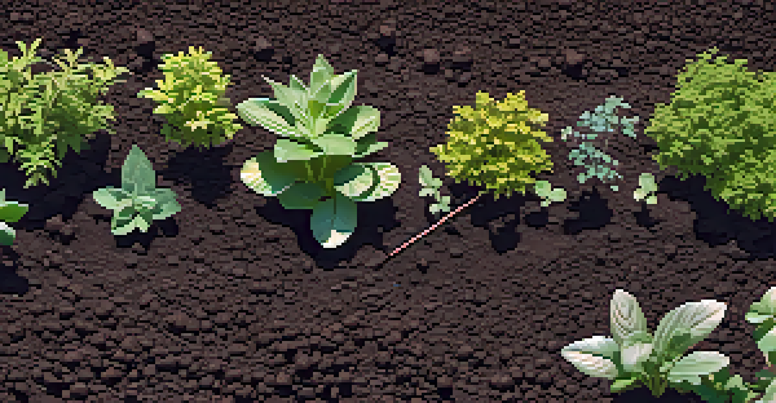 A close-up of rich, dark soil in a garden bed with emerging plants, compost, and mulch, under dappled sunlight.