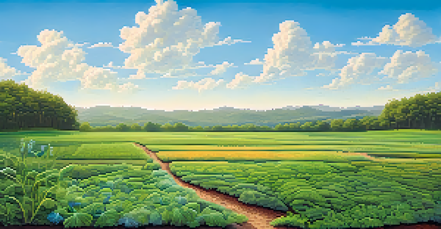 Lush green field with diverse plants and glowing microbes in the soil beneath a clear blue sky.