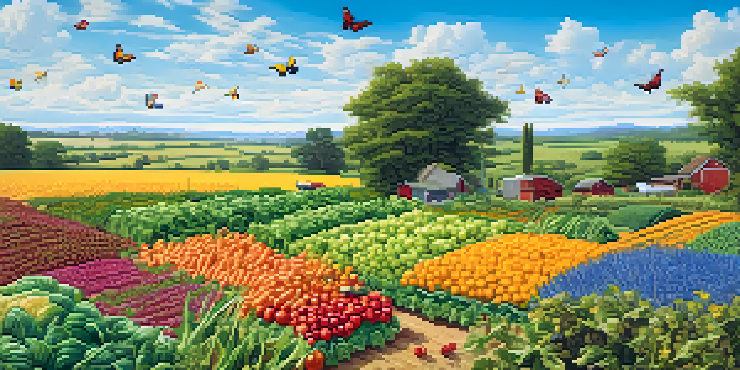 A colorful and diverse agricultural landscape with various crops and flowers, illustrating the concept of biodiversity.