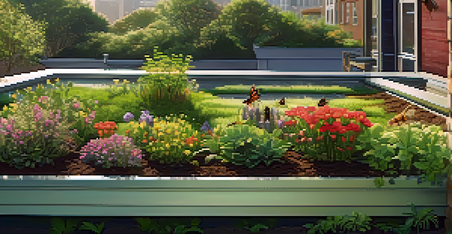Close-up of a thriving green roof with plants, flowers, and insects in warm sunlight.
