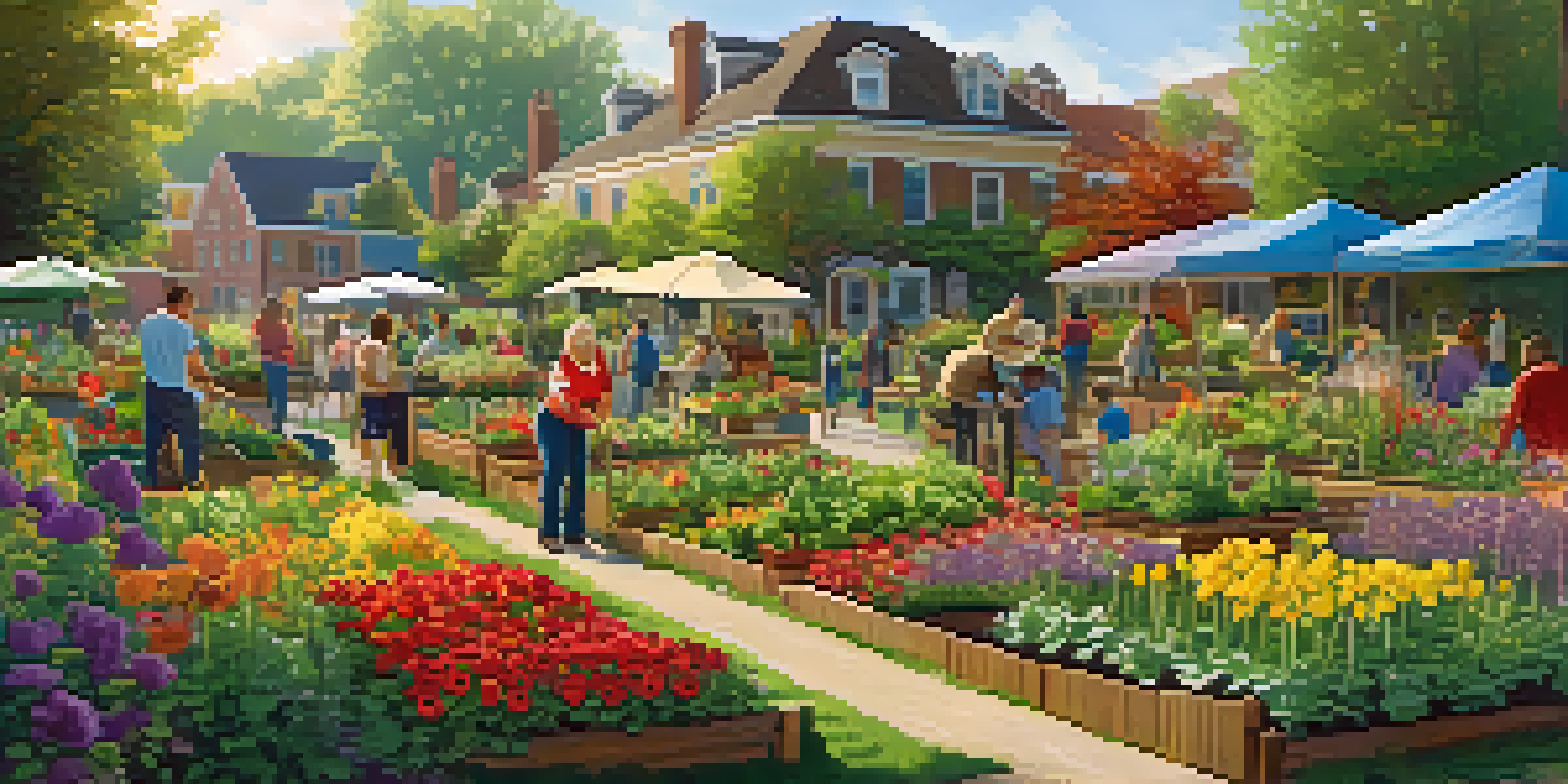 A lively community garden where people of different backgrounds are planting flowers and vegetables, surrounded by greenery and colorful blooms.
