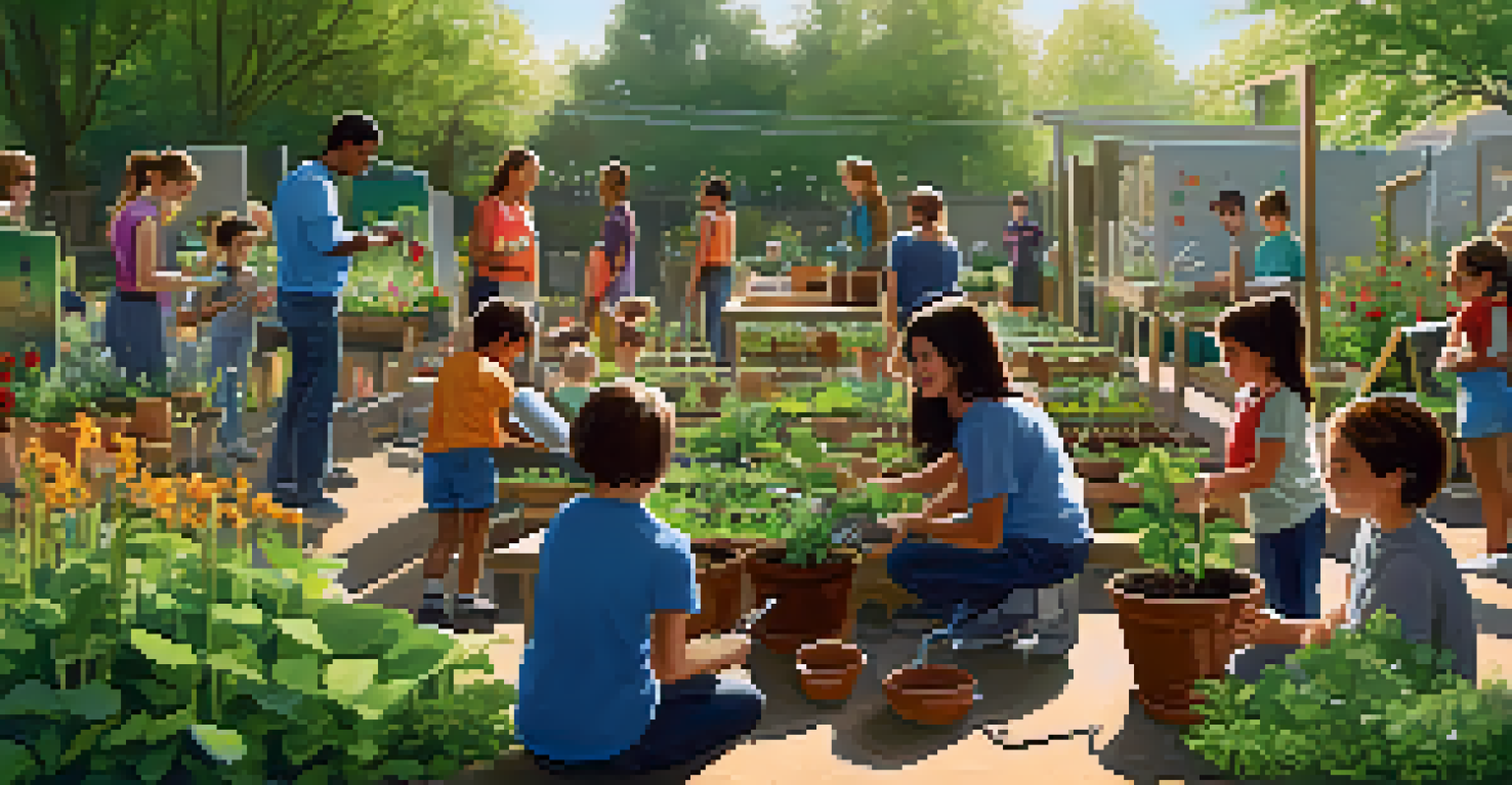 A community garden workshop with children and adults learning about planting techniques, surrounded by plants and gardening tools.