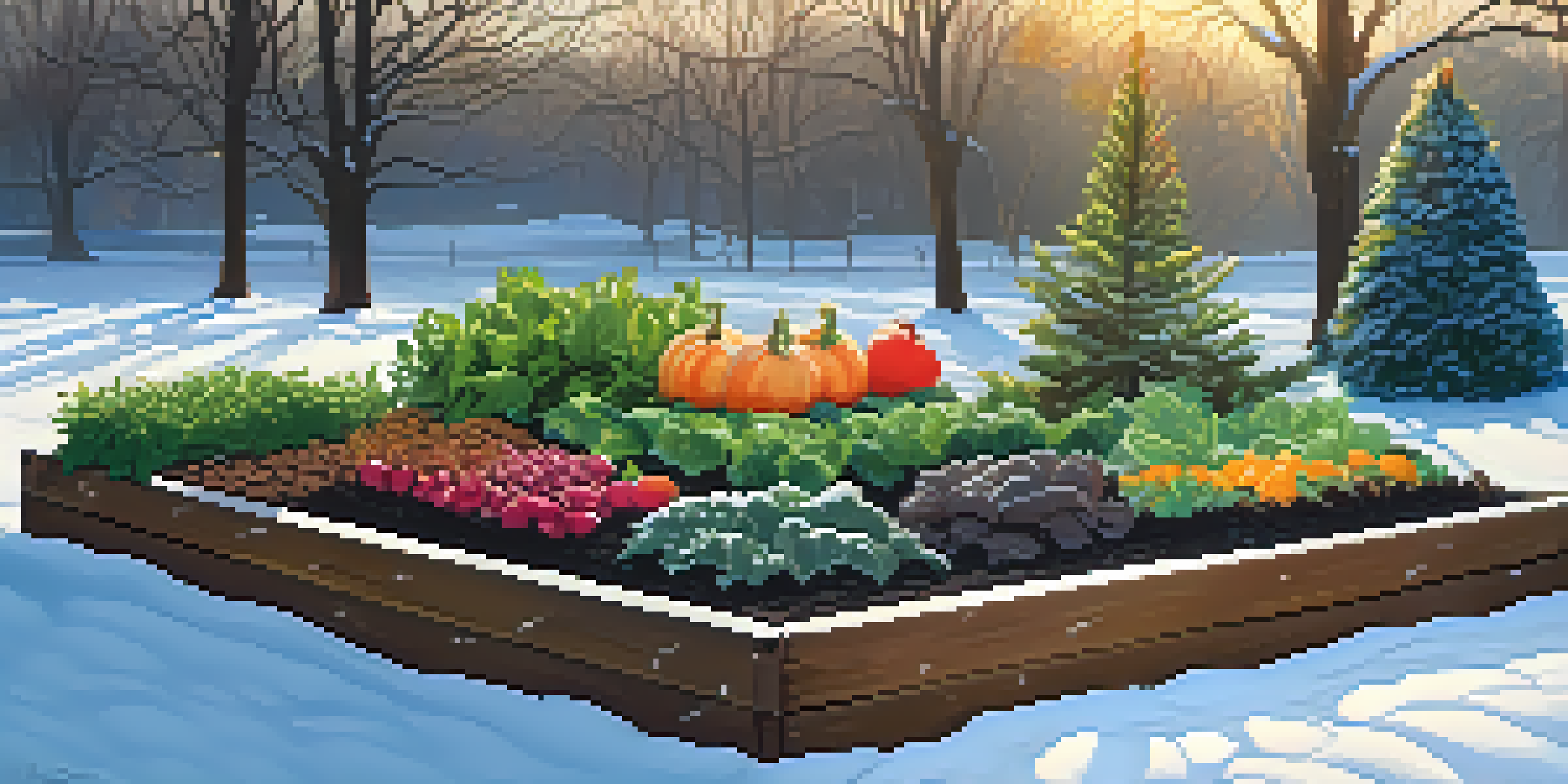 A winter garden with a raised bed filled with vegetables and a light frost, illuminated by soft morning sunlight.