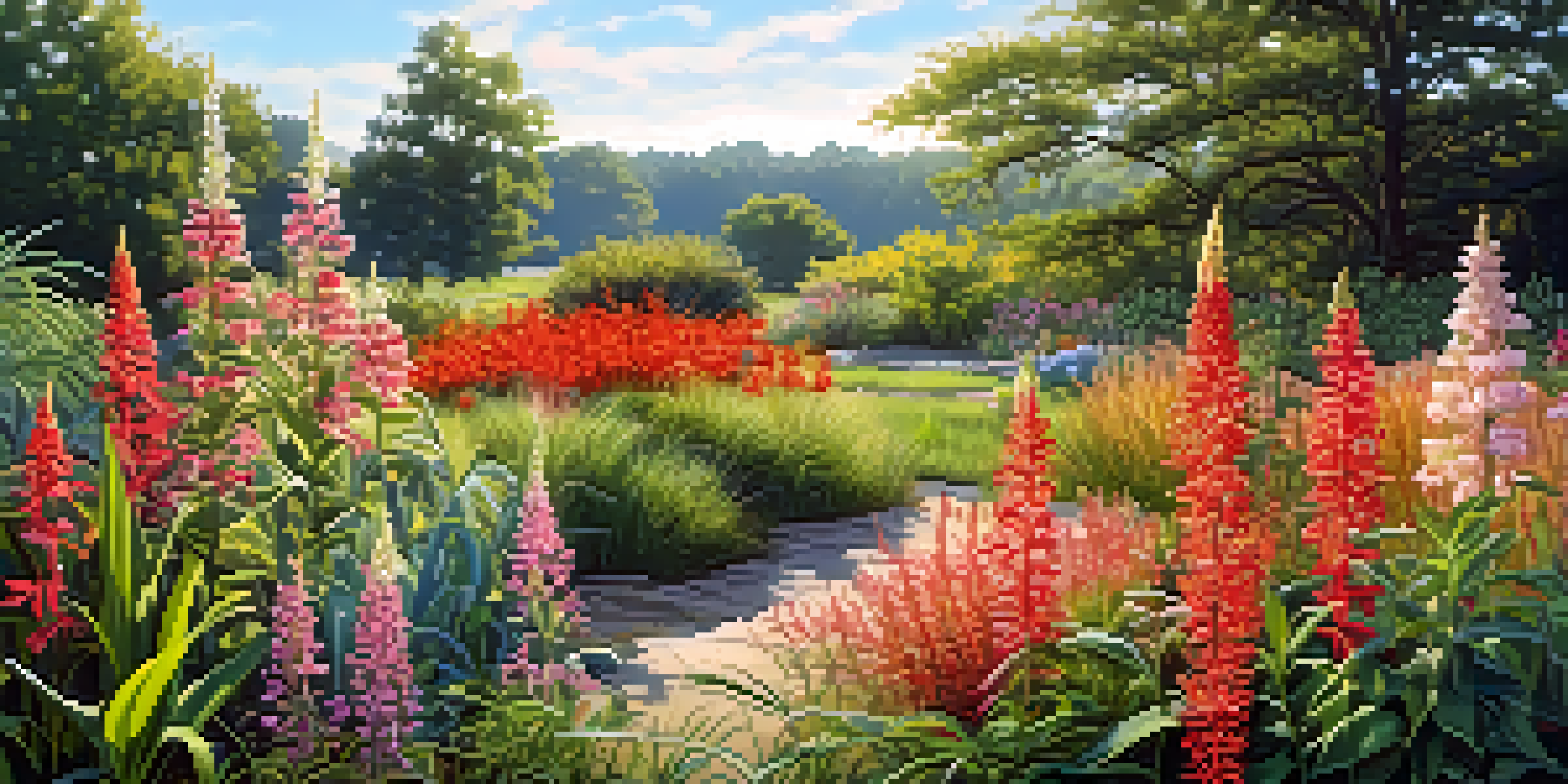 A colorful and diverse garden showcasing flood-resistant plants like swamp milkweed and cardinal flowers, layered in height with a clear blue sky.