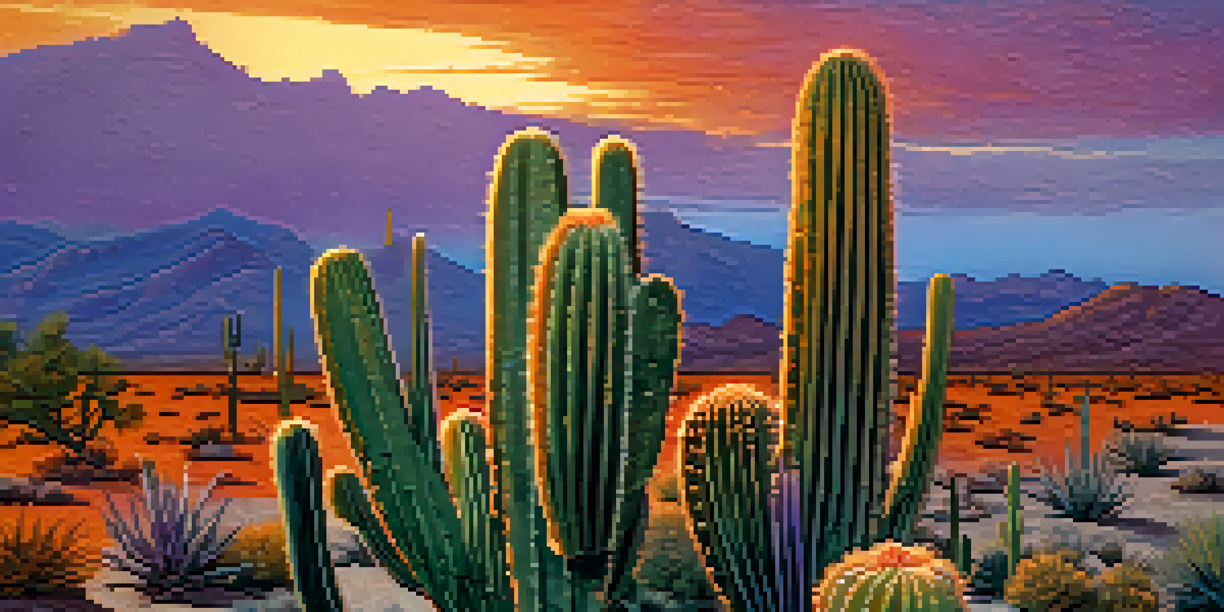 A close-up of a cactus in a desert during sunset, emphasizing its thick stems and small leaves against a colorful sky.