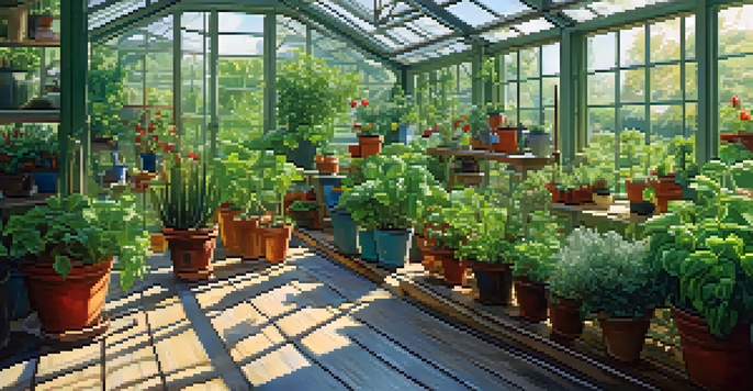 A bright and colorful greenhouse brimming with different types of plants, with sunlight shining through the glass.