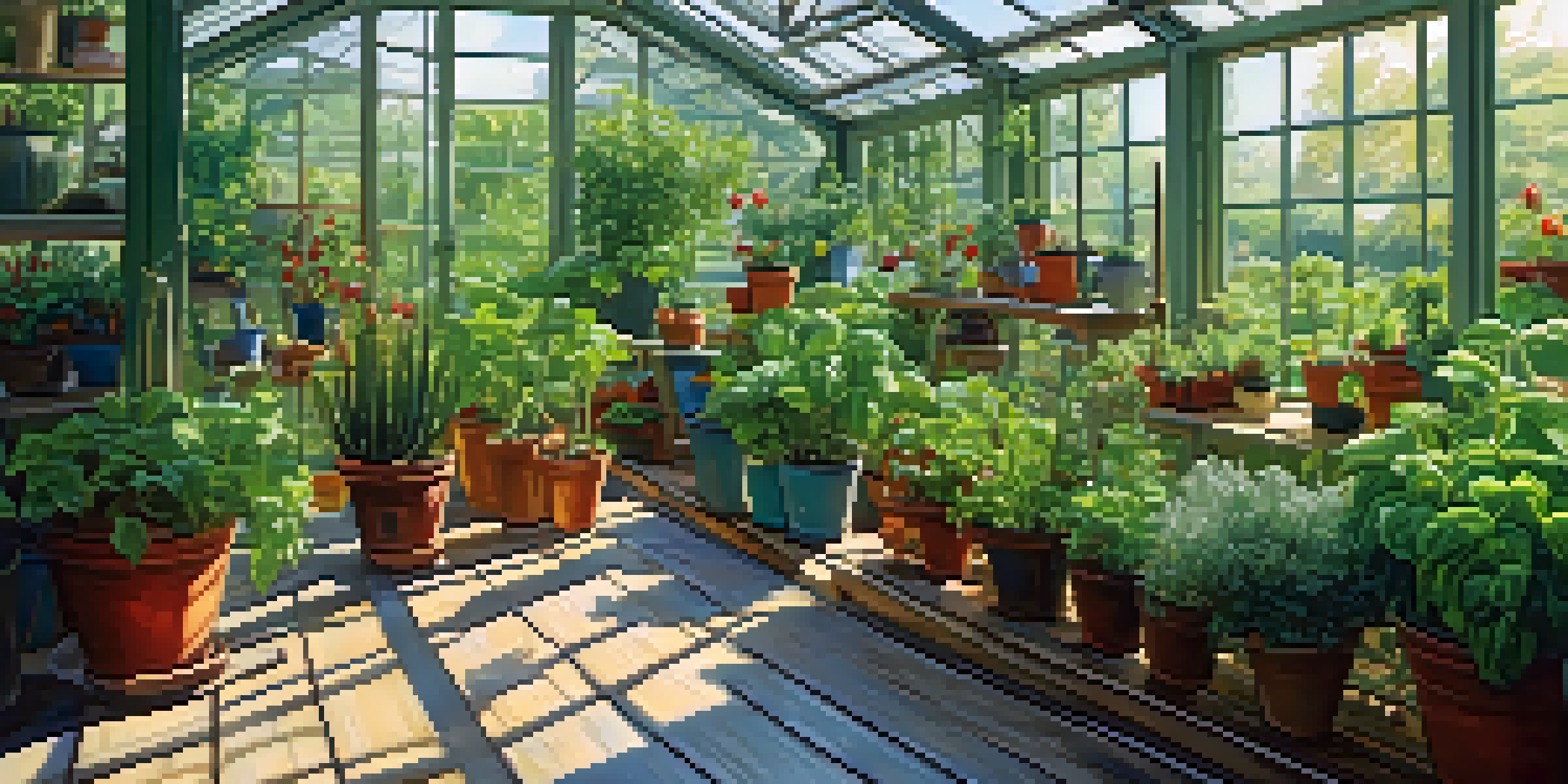 A bright and colorful greenhouse brimming with different types of plants, with sunlight shining through the glass.