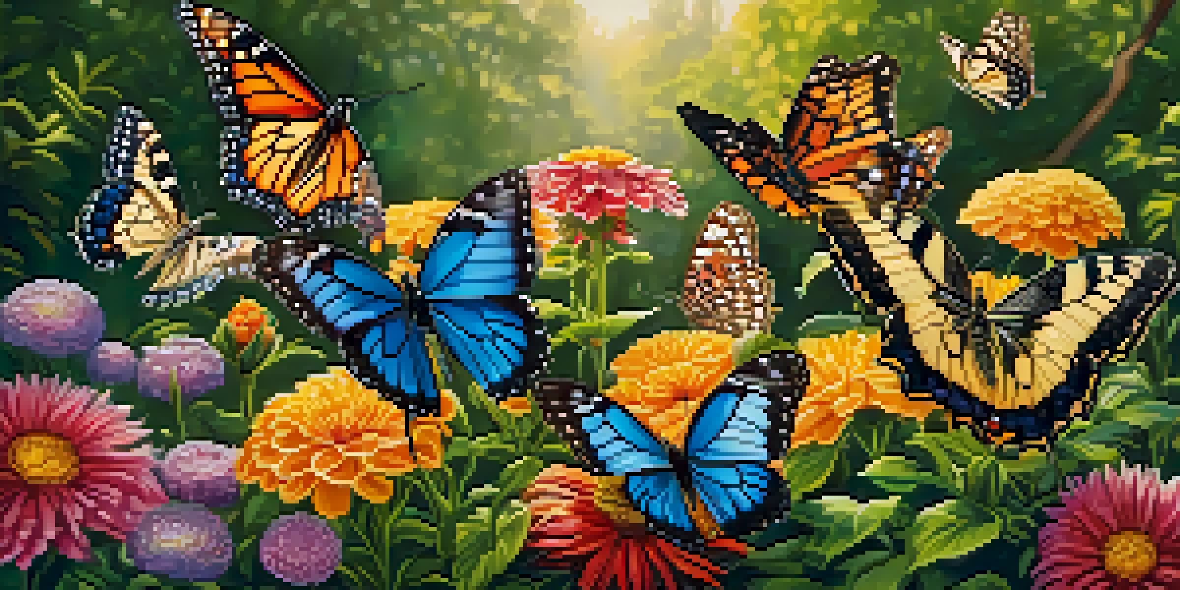 A colorful butterfly garden with various flowers and butterflies flying in warm sunlight.