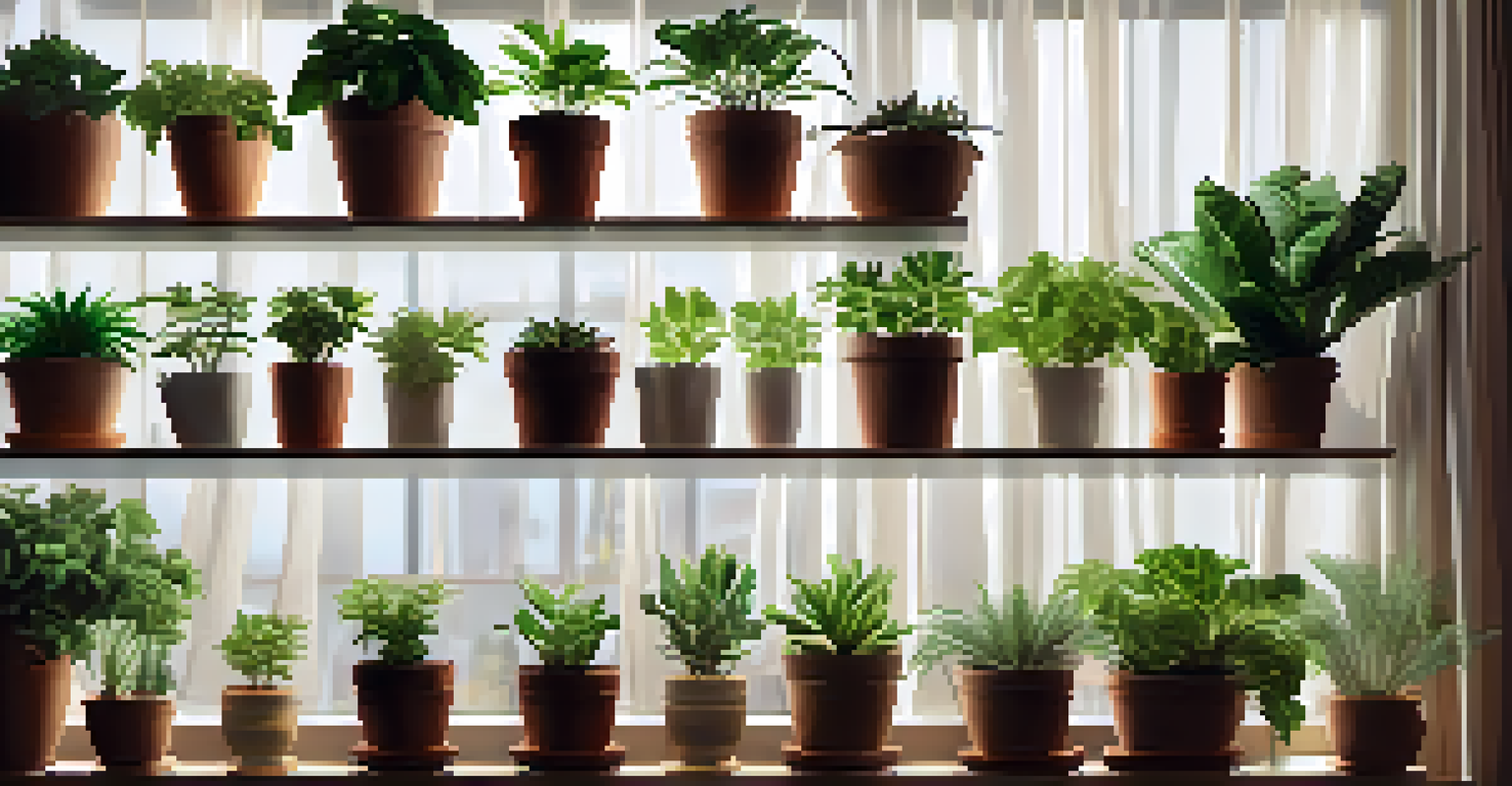 A tiered shelf displaying potted plants with labels near a window.