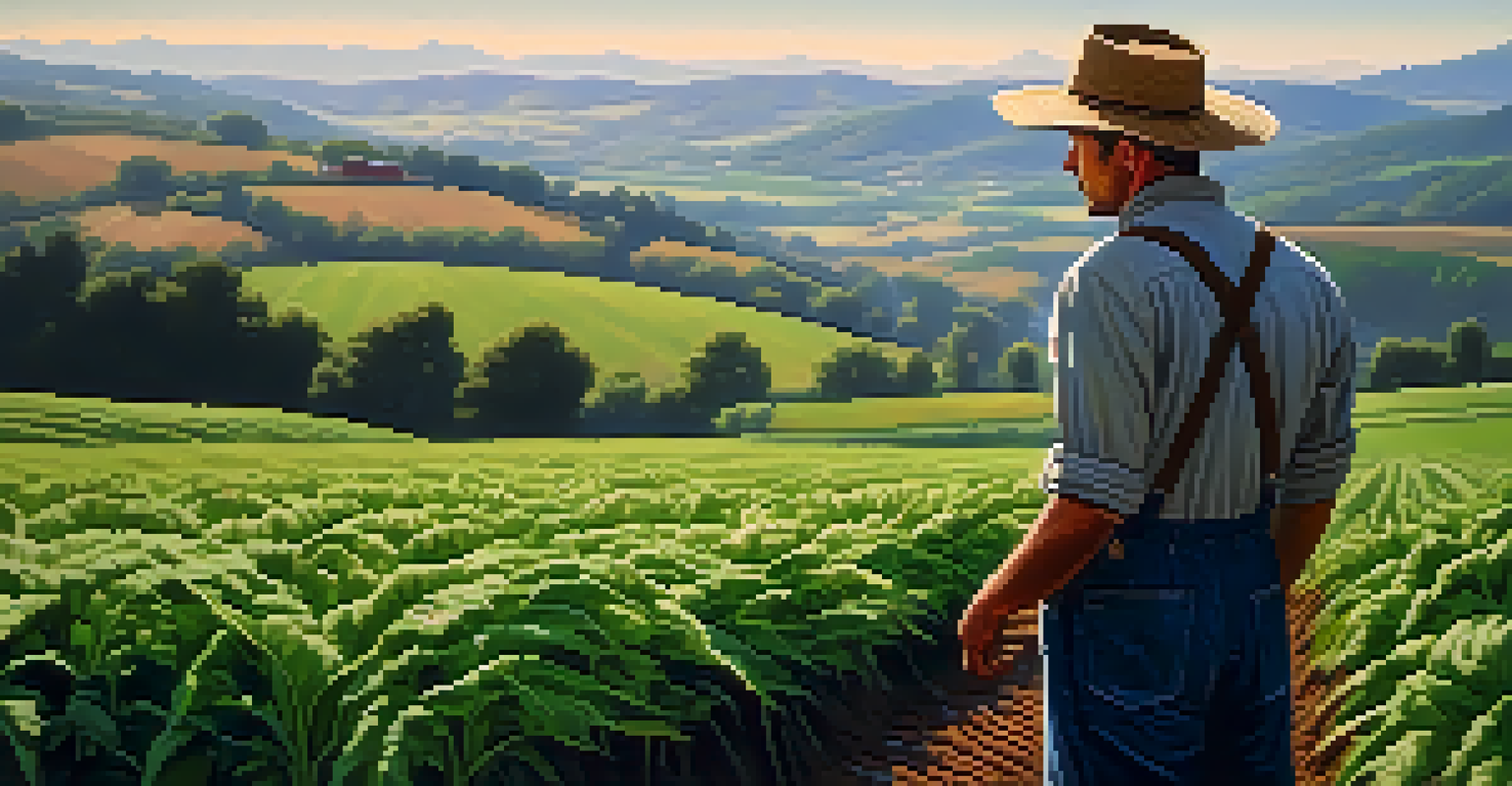 A farmer in a green field of perennial crops, surrounded by rolling hills and a clear sky, inspecting the plants.