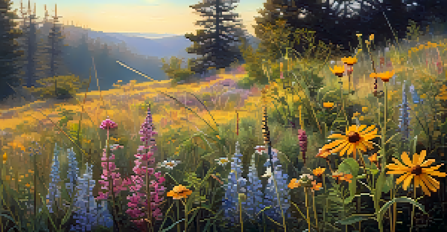A close-up view of native wildflowers with butterflies and bees pollinating them, illuminated by warm sunlight.
