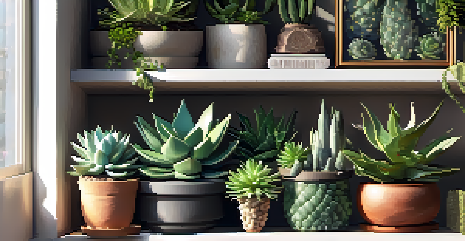 An indoor shelf showcasing a collection of different succulents in decorative pots, illuminated by sunlight.