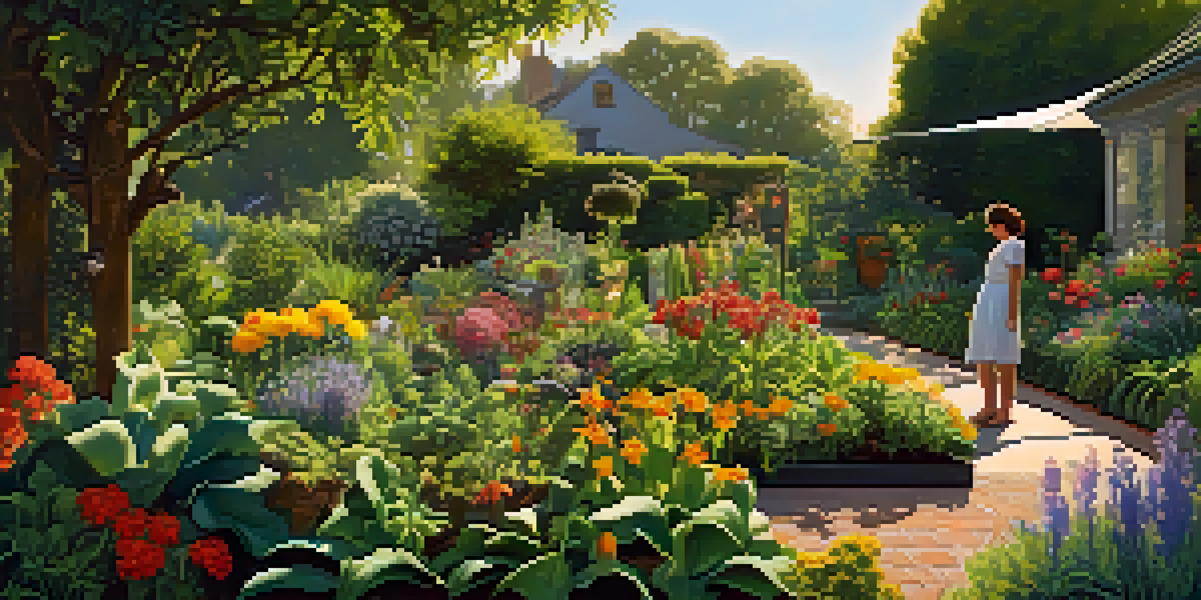 A picturesque organic garden filled with various plants, a gardener tending to the flowers in warm sunlight with butterflies and bees around.