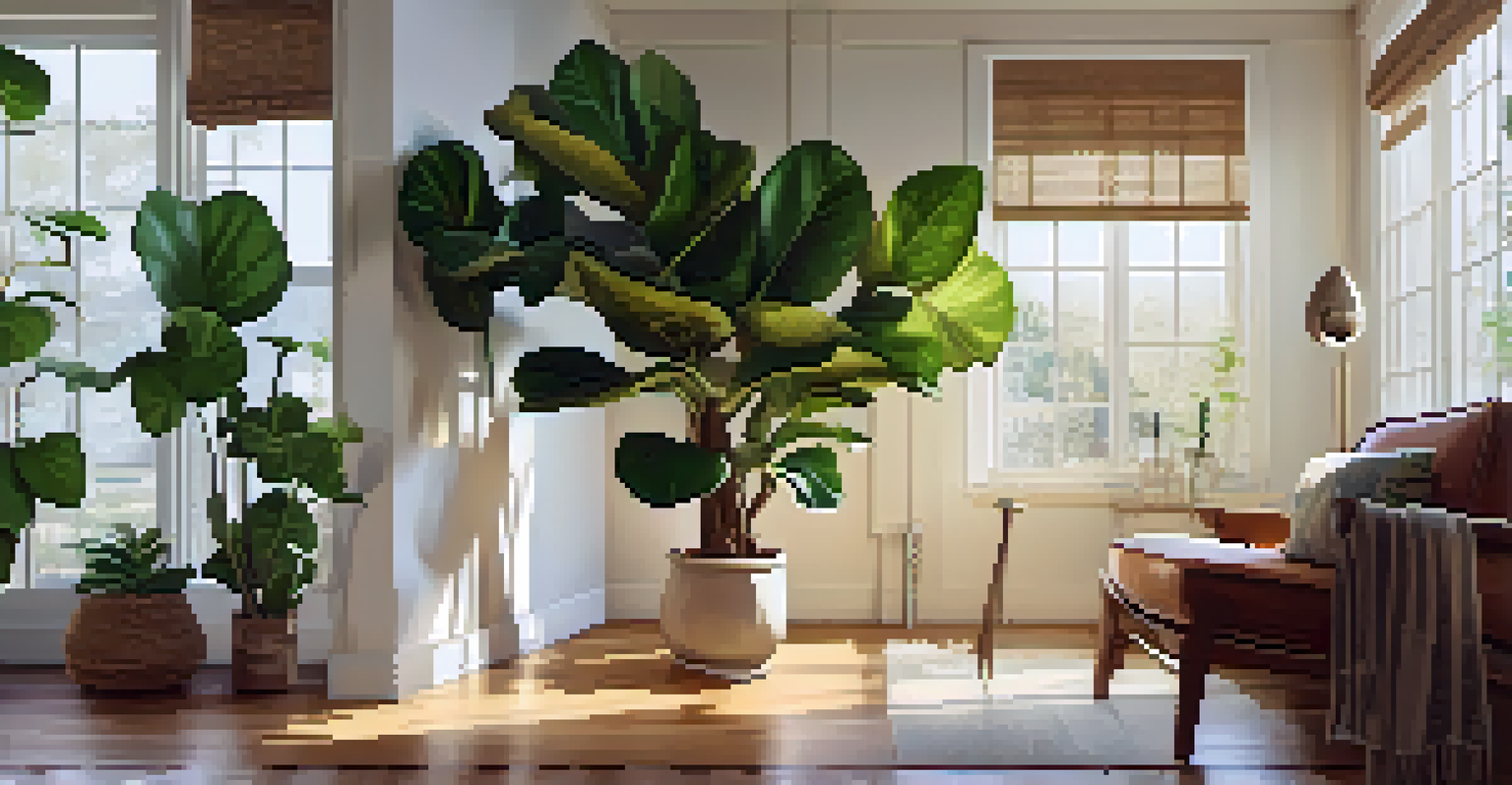 A cozy indoor living room with a fiddle leaf fig and a rubber plant, illuminated by sunlight through a window.