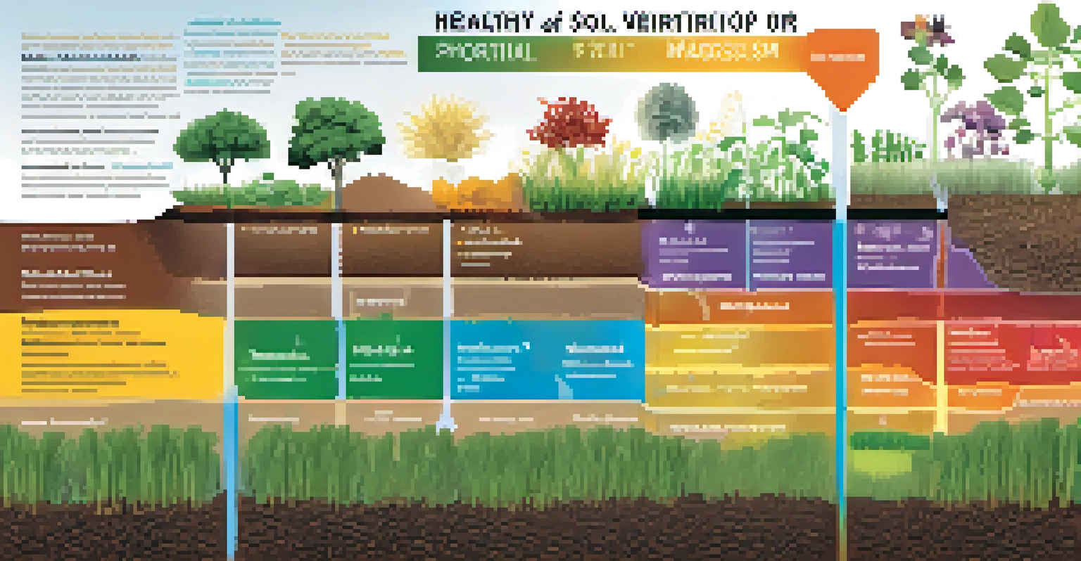 Infographic displaying essential nutrients for healthy soil with labeled sections for nitrogen, phosphorus, potassium, calcium, magnesium, and micronutrients, alongside illustrations of thriving plants.