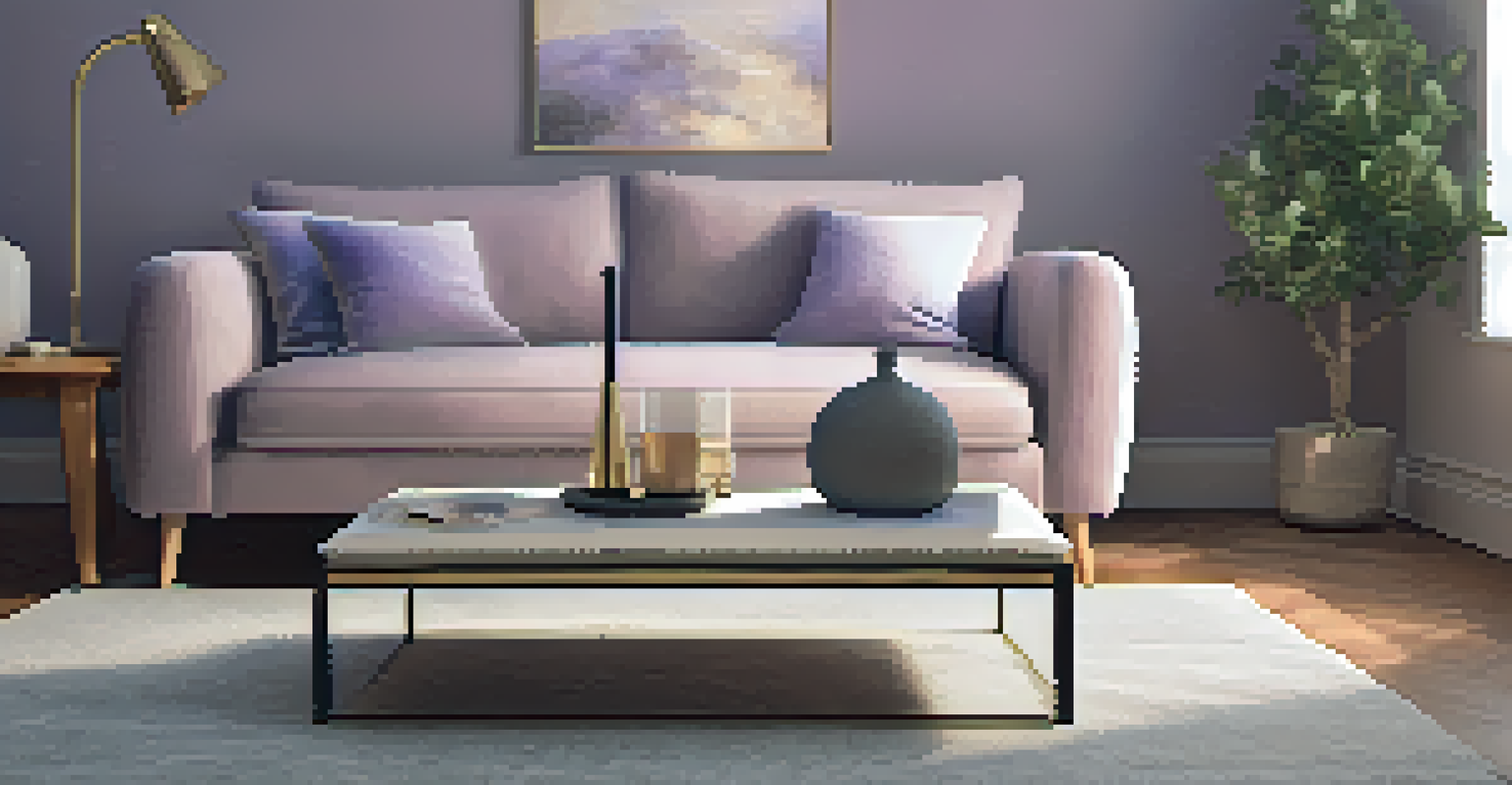 A cozy living room with a diffuser and lavender oil on a coffee table, surrounded by a comfortable sofa.