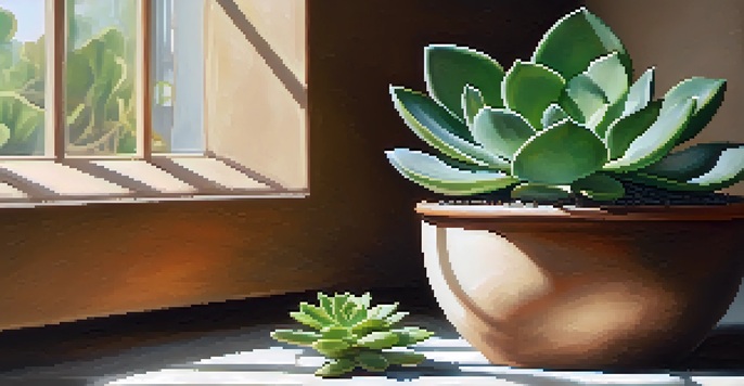 A close-up view of a healthy succulent with bright green leaves in a pot, illuminated by natural sunlight in a cozy interior.