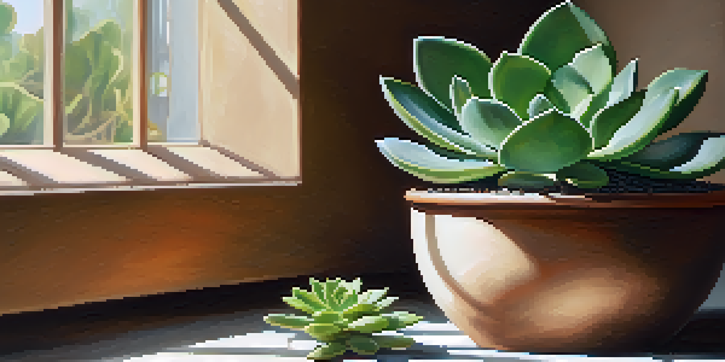 A close-up view of a healthy succulent with bright green leaves in a pot, illuminated by natural sunlight in a cozy interior.