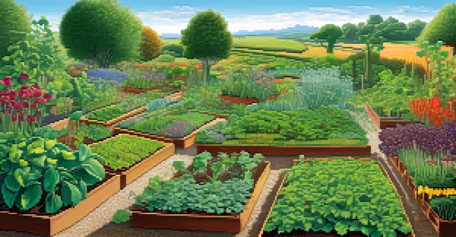A vibrant garden with diverse plants and visible root nodules, depicting the relationship between plants and soil microbes under a sunny sky.