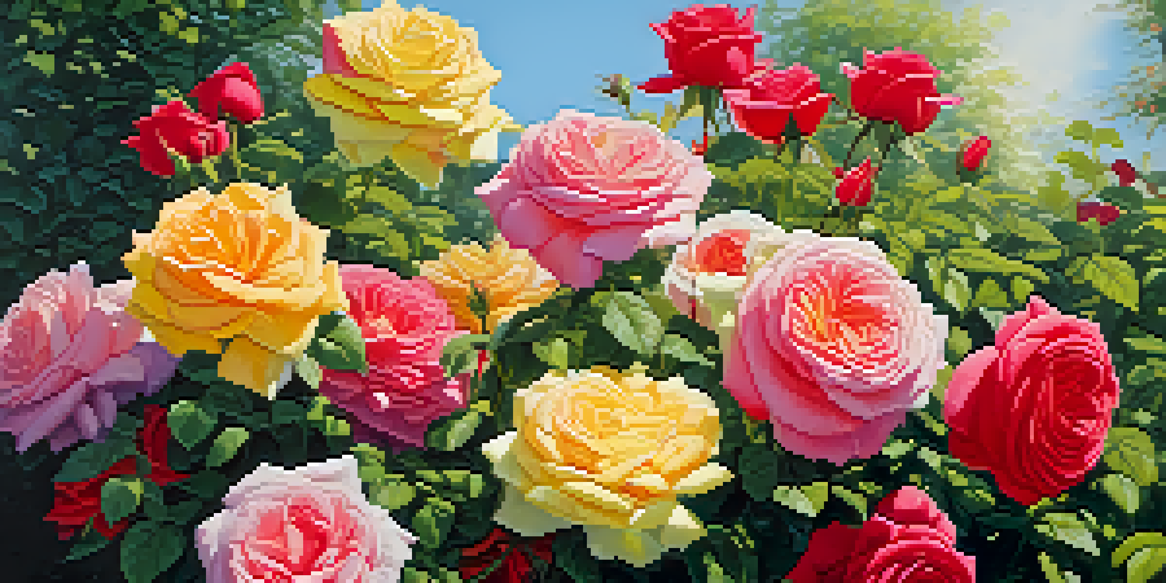 A colorful garden filled with blooming roses of various colors against a blue sky.