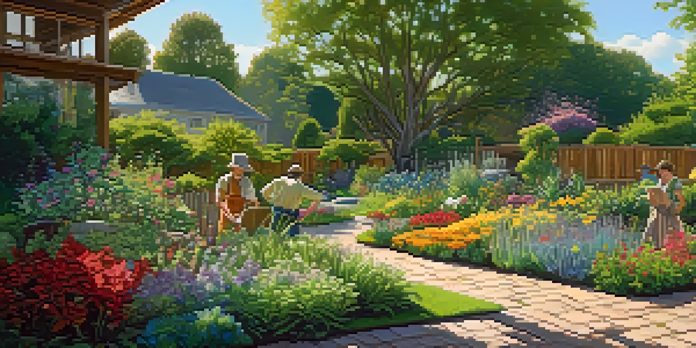 A colorful garden with healthy plants and flowers, a gardener tending to them under sunlight.