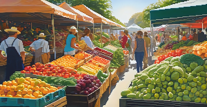 A bustling farmer's market with colorful fruits and vegetables, bright sunlight illuminating the scene.