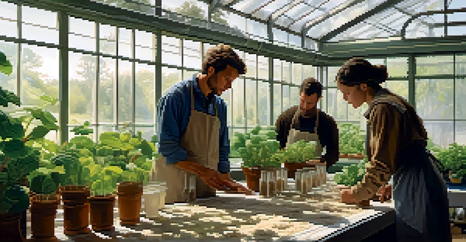 Farmers in a greenhouse discussing different fungal strains, with jars and soil samples on the table, illuminated by natural light.