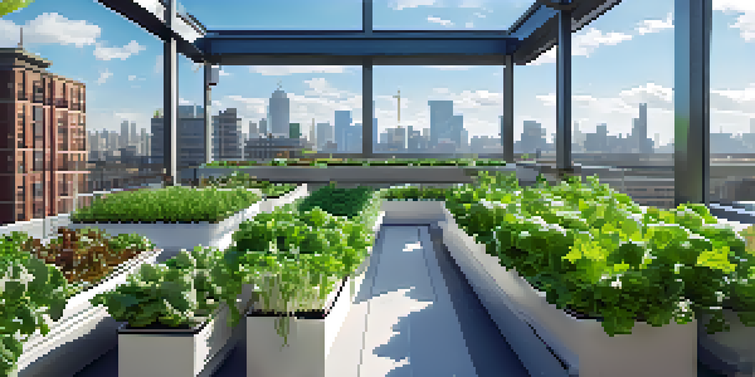 An urban rooftop garden featuring a hydroponic system with various plants, set against a city skyline and bright blue sky.
