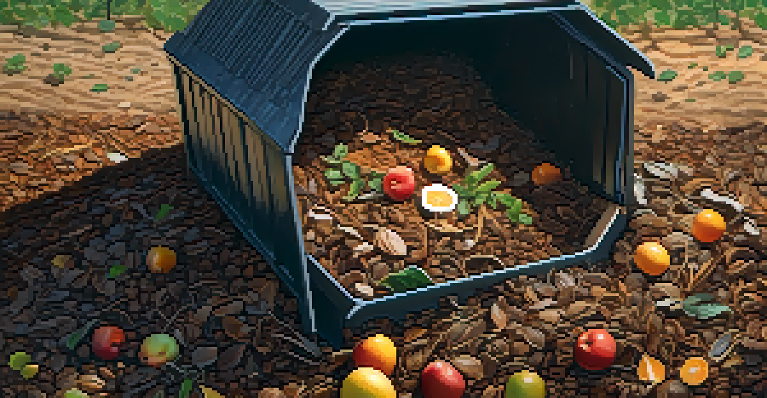 A close-up view of a compost bin filled with layers of organic waste including fruit scraps and coffee grounds, with rich dark compost visible.