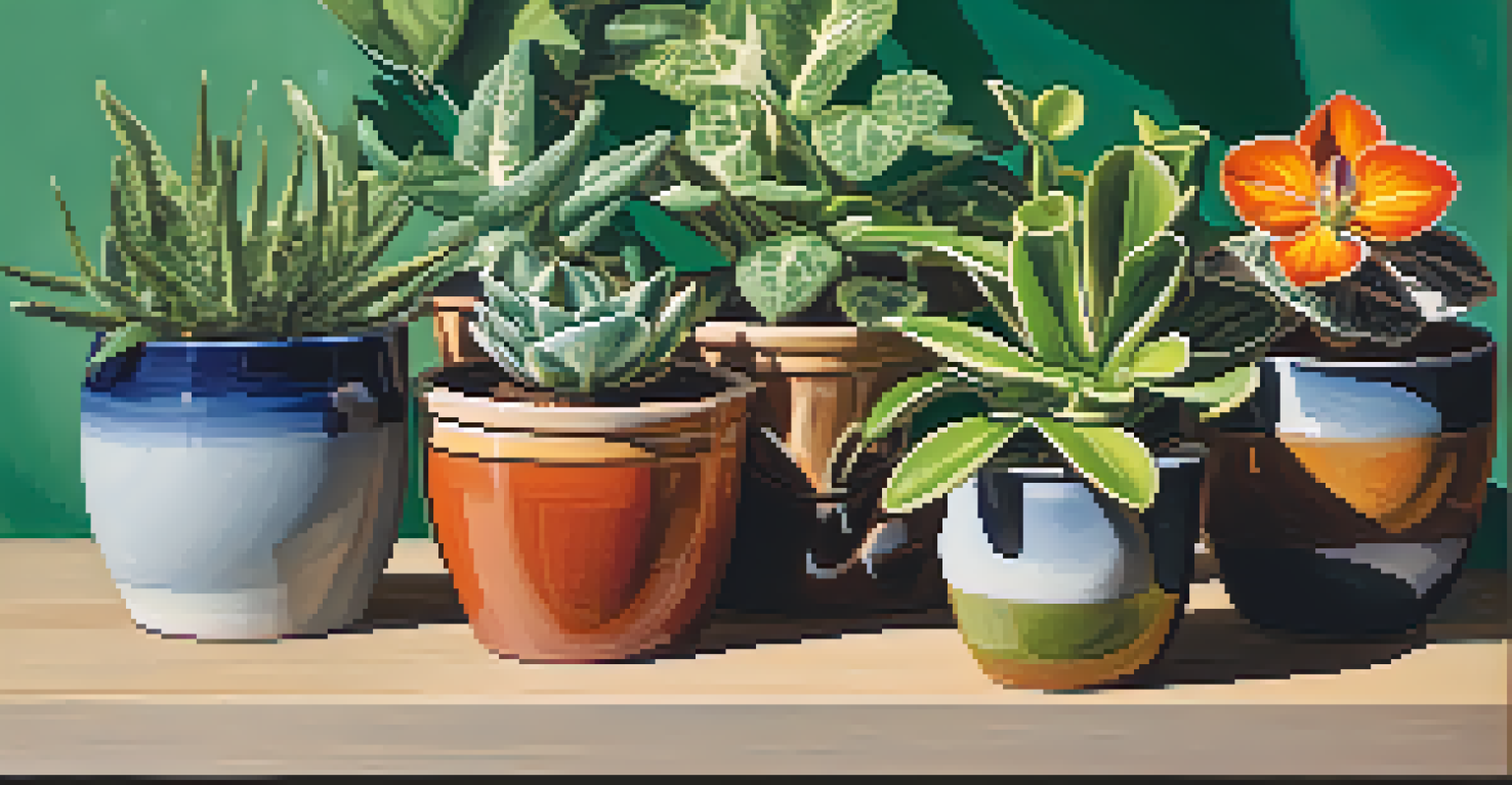 Close-up of diverse plants from different genera displayed on a wooden table, with natural sunlight casting soft shadows.