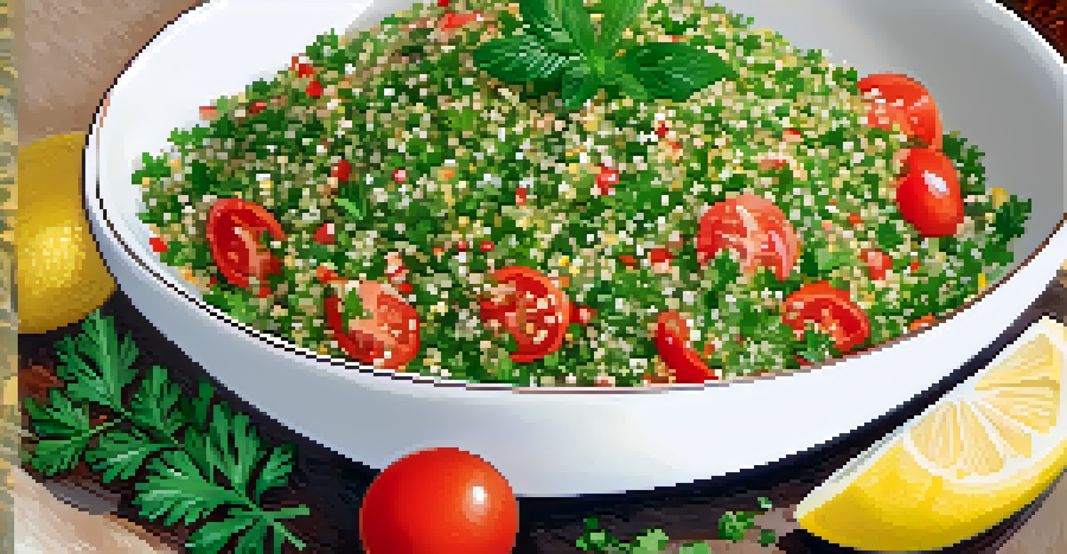 A plate of tabbouleh salad with parsley, tomatoes, and bulgur, garnished with fresh parsley leaves.