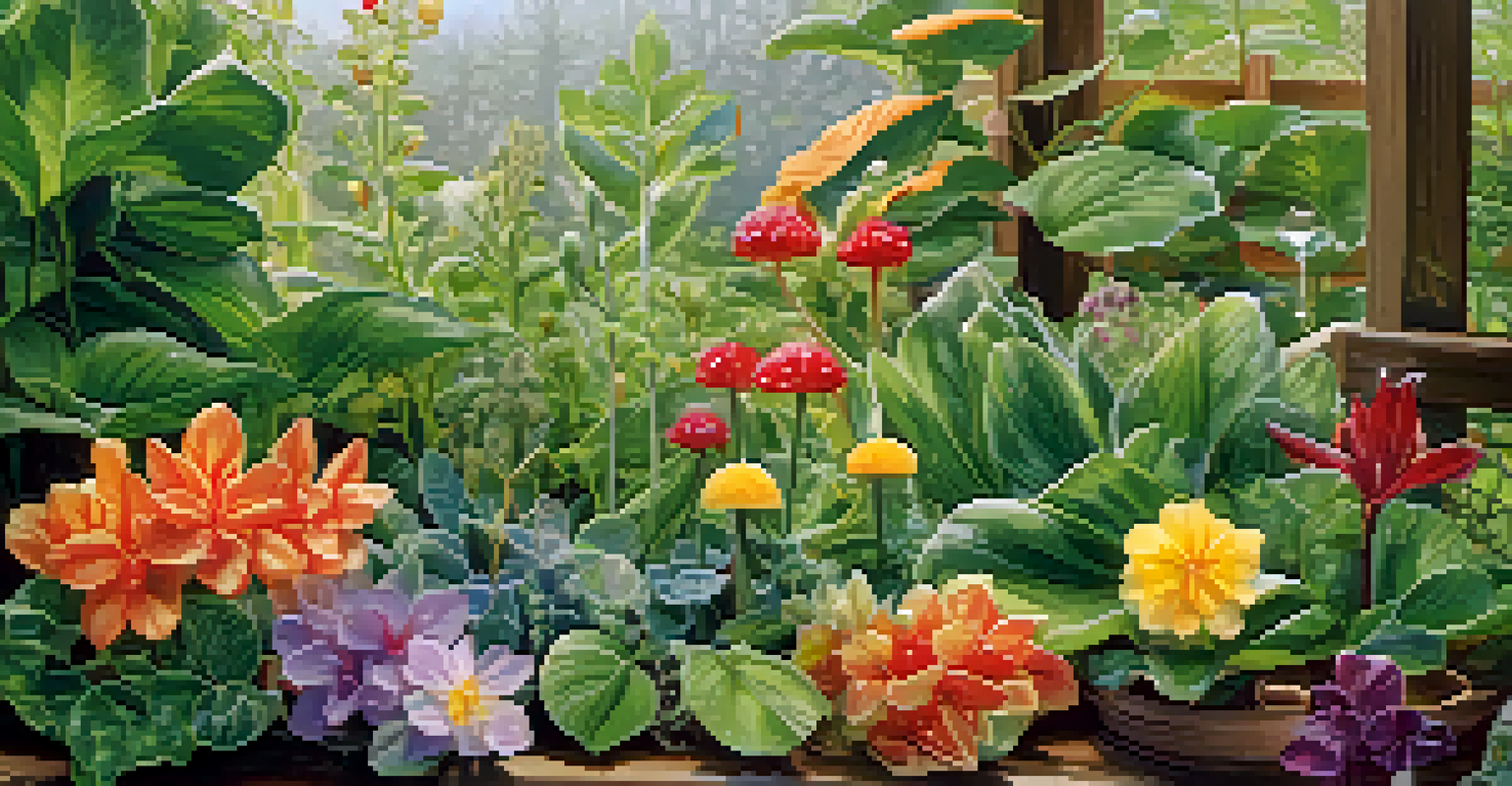 A detailed close-up of a garden featuring various medicinal plants with dew drops on the leaves, highlighted by soft morning light.