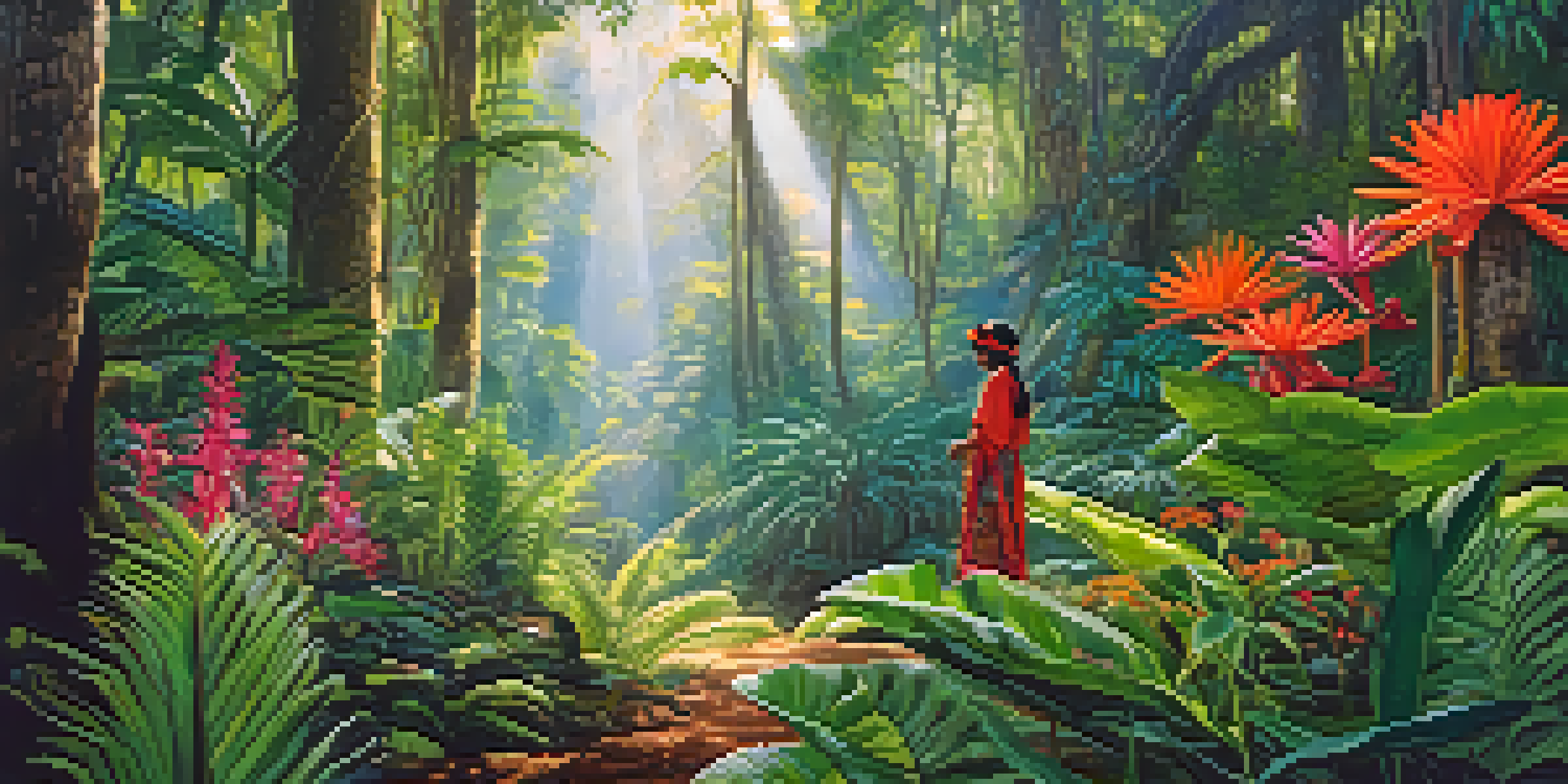 A lush rainforest filled with diverse plants and a person foraging for traditional herbs, illuminated by soft sunlight.