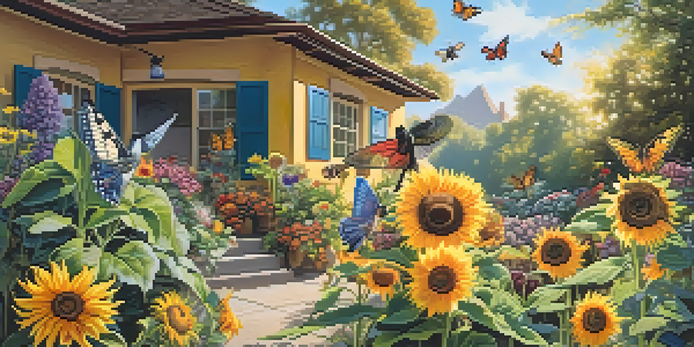 A colorful garden filled with flowers, bees, butterflies, and hummingbirds, with sunlight filtering through the leaves.