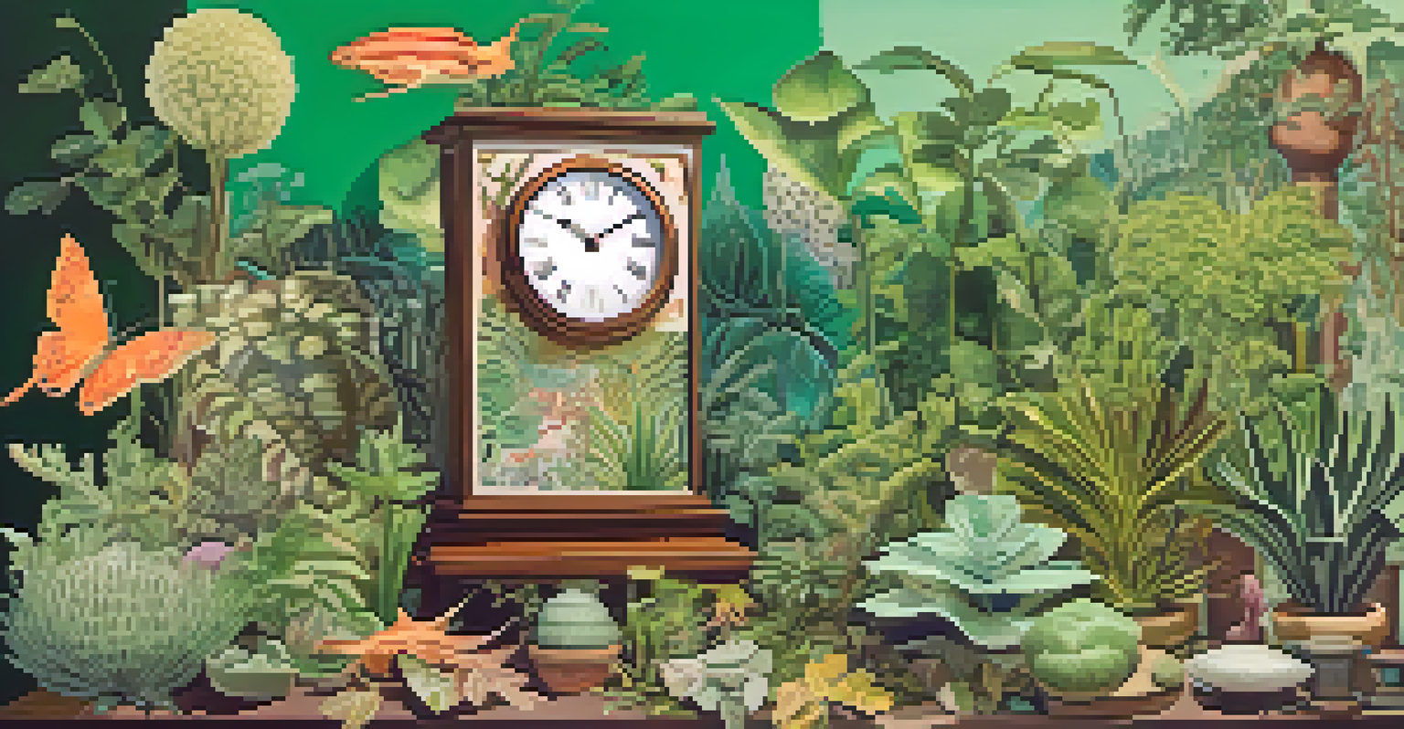 A collage of real plants combined with surreal elements like clocks and creatures in vibrant and pastel colors.