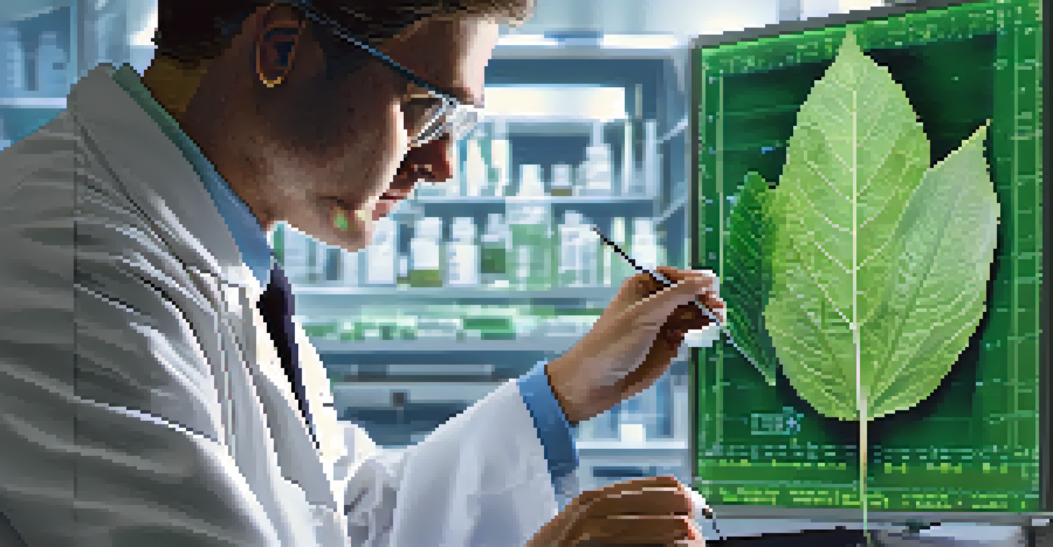 A scientist examining a leaf under a microscope in a laboratory.