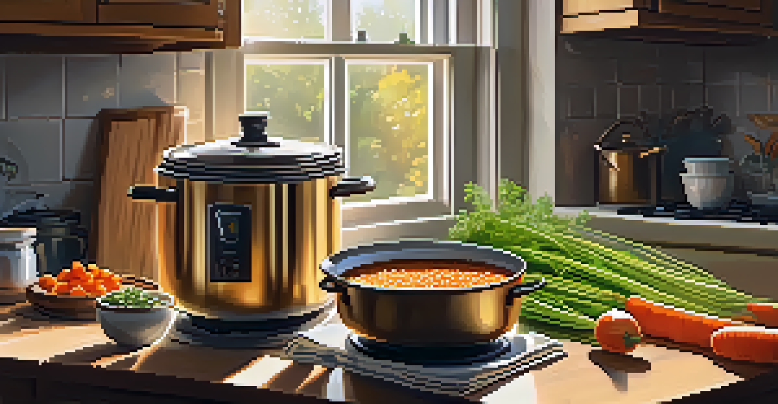 A pot of lentil soup on the stove with fresh ingredients around it in a sunny kitchen.