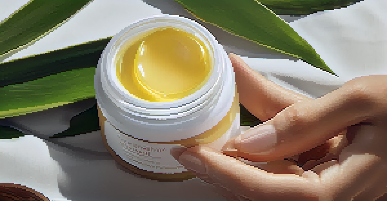 A hand applying a creamy moisturizer on a glowing face, with a blurred green plant in the background, showcasing a natural skincare routine.