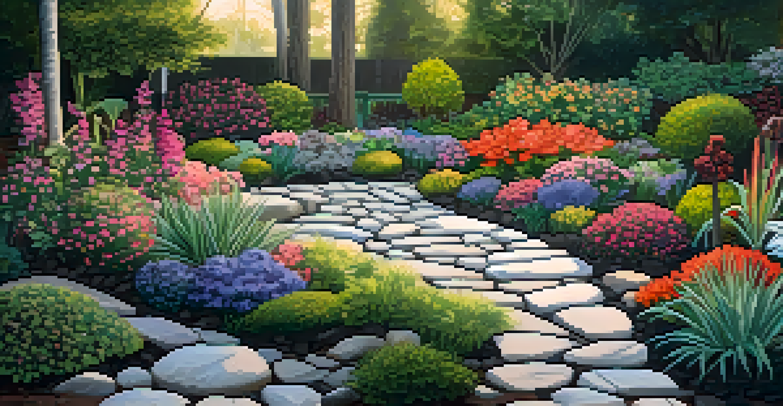 An ornamental garden with decorative stones around vibrant flowers, beautifully illuminated by soft evening light.