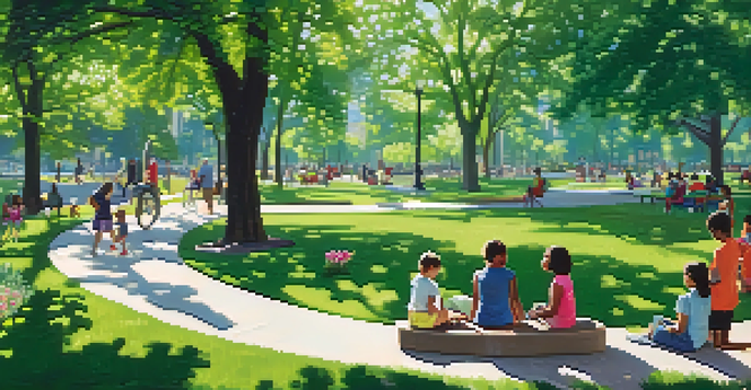 A lively urban park filled with green trees and blooming flowers, with diverse people jogging, reading, and playing. Sunlight filters through the leaves, creating dappled shadows.